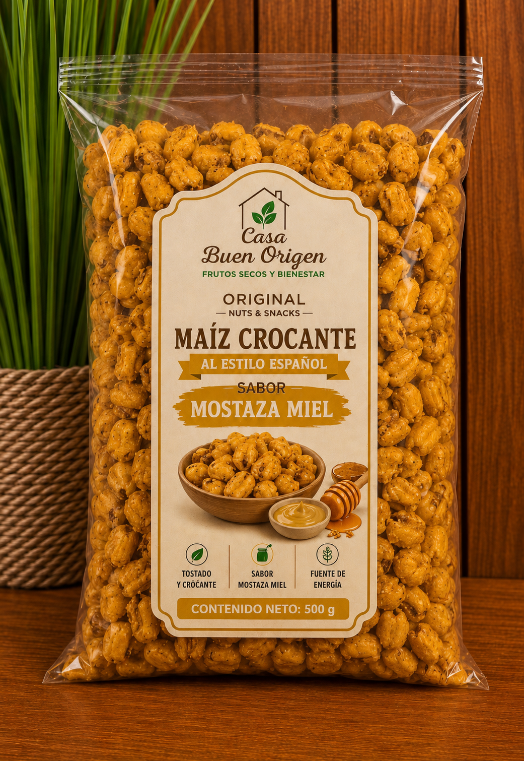 Maíz crocante al estilo español sabor mostaza y miel